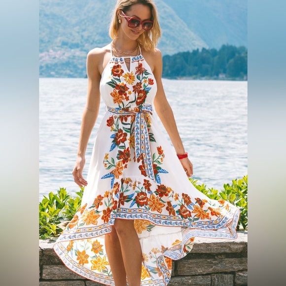 Cupshe Belted Floral Print High-Low Halter Neck Maxi Summer Beach Dress Size S - Picture 1 of 10